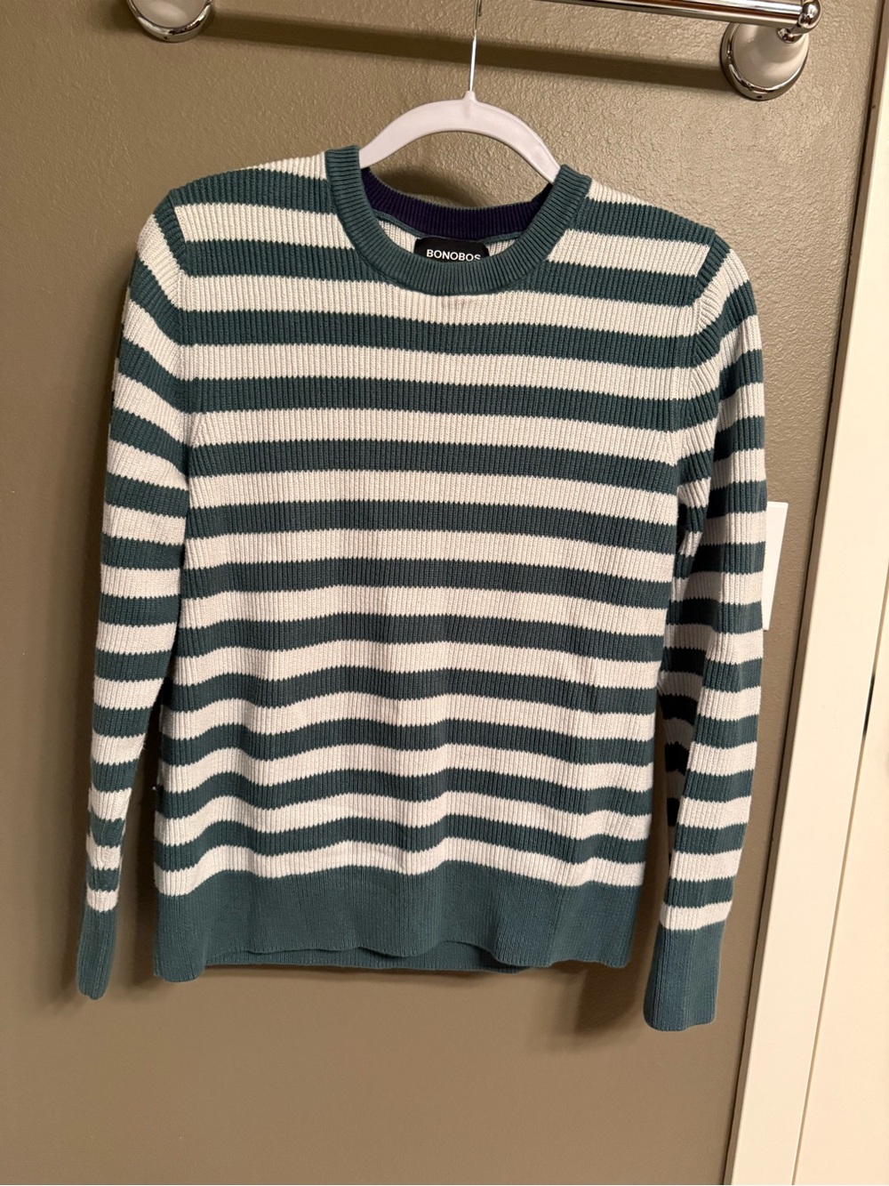 Bonobos Teal and White Horizontal Stripe Crewneck Sweater